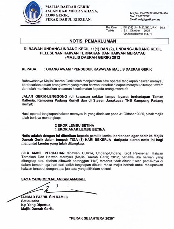 PEMAKLUMAN KEPADA: ORANG AWAM / PENDUDUK KAWASAN MAJLIS DAERAH GERIK